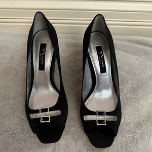 Nina Black Satin Peep-toe Heels with Diamond Buckle Detailing